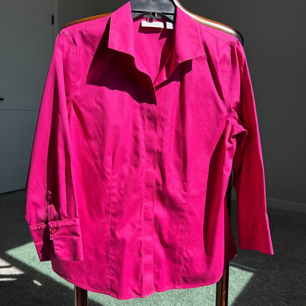 Chico’s No-Iron Fuchsia Pink Button Front Shirt Sz 1 Hidden Placket 100% Cotton